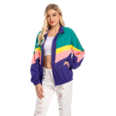 Retro 80S Hip Hop Lightweight Blue and Green Colorblocked Bomber Casual Jacket Coat For Adult Women Men Cosplay Costume Outfits Halloween Carnival Suit
